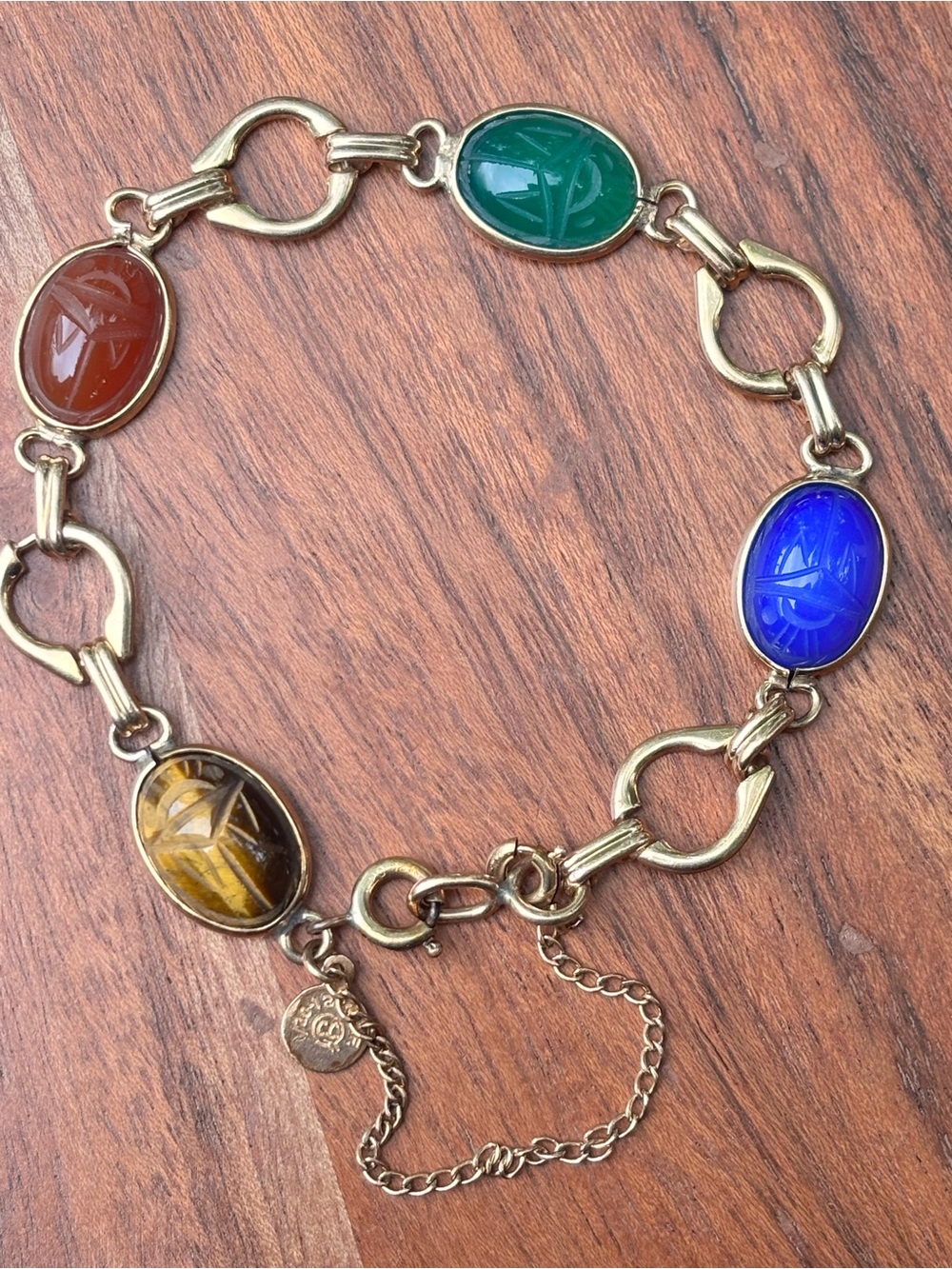 Vintage Scarab Bracelet 12K Gold Filled Egyptian Revival Multi Stone 7”